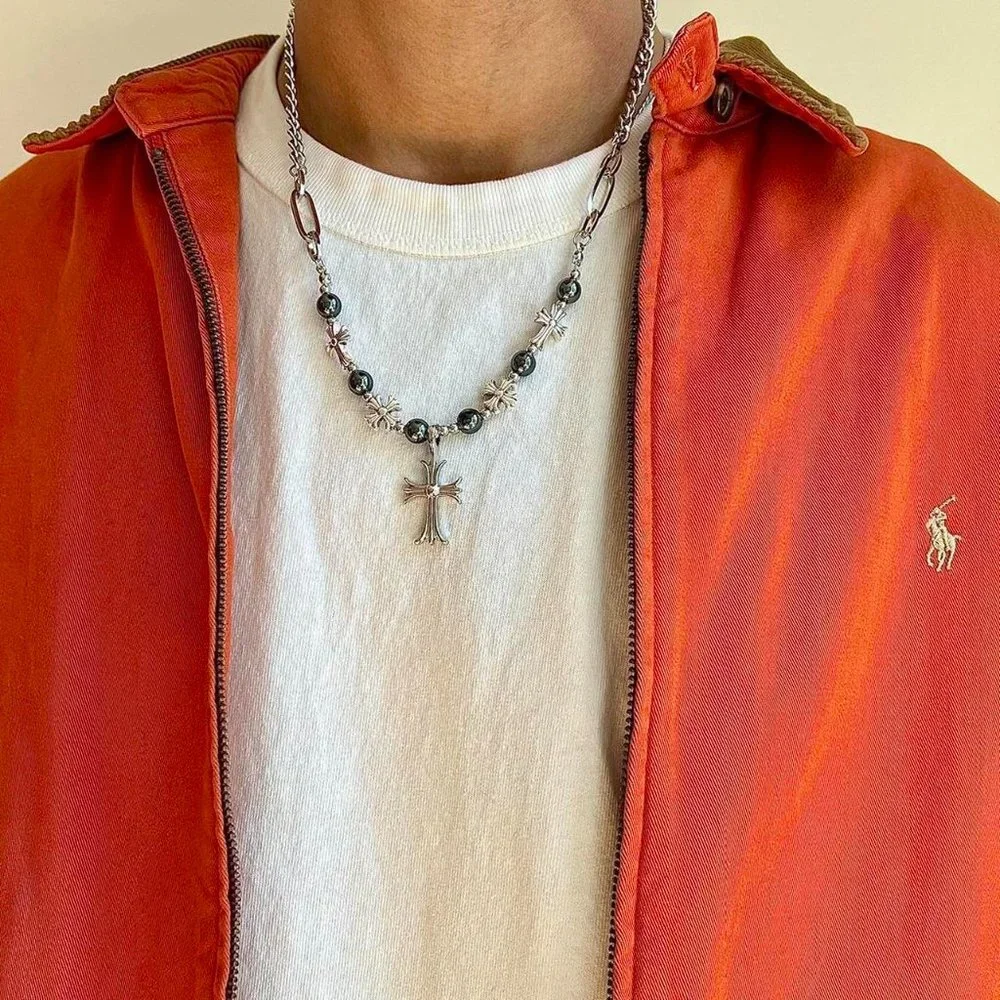 Pearl silver cross pendant necklace.  y2k grunge chrome.  Men/Women